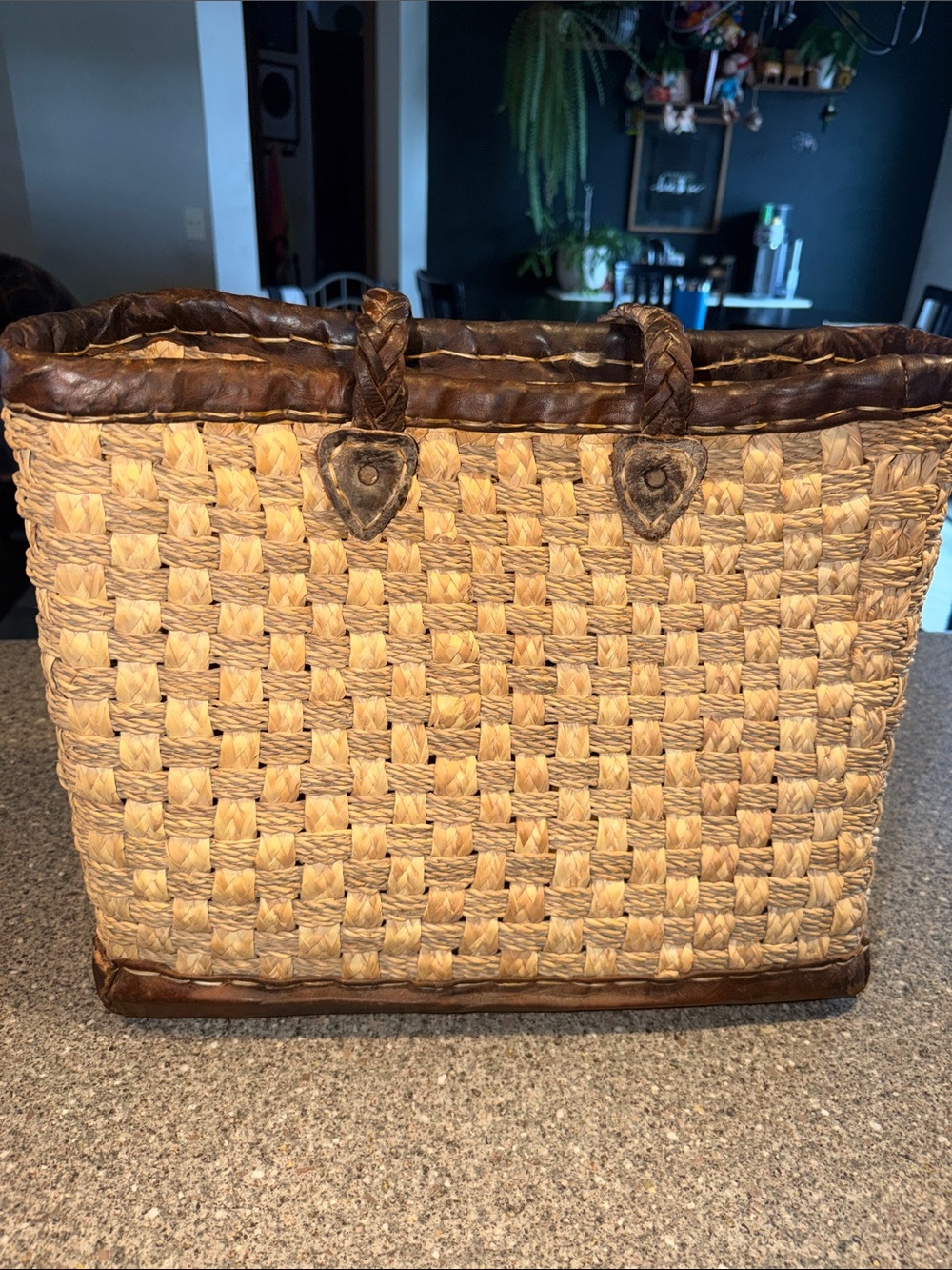 Woven Straw Tote with Brown Leather Trim Vintage